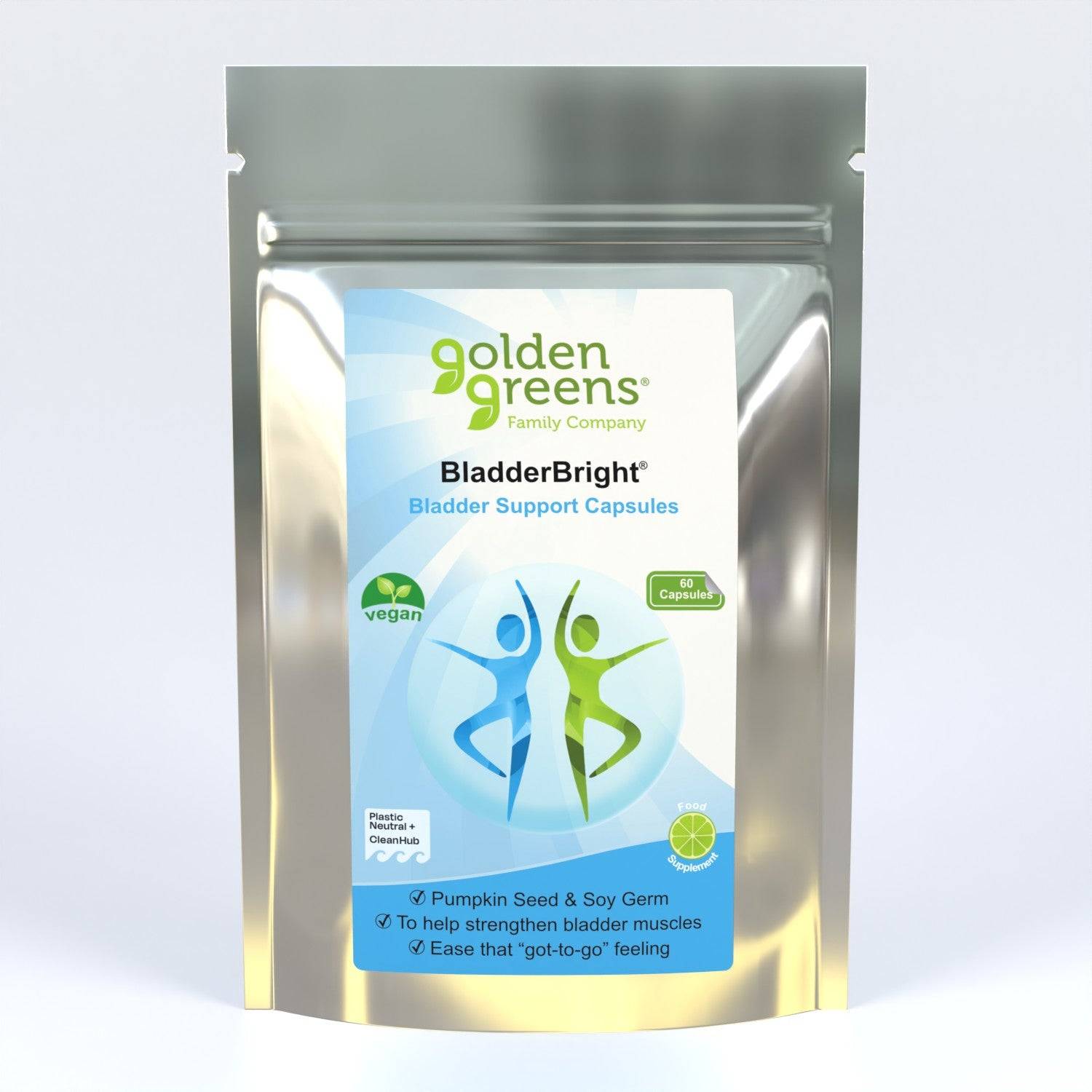 Golden Greens BladderBright vegan bladder support supplement capsules in resealable silver pouch